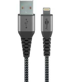Cablu Lightning 8-Pini 0.5m Apple MFi certificat conectori metalici robust textil argintiu Goobay 49267
